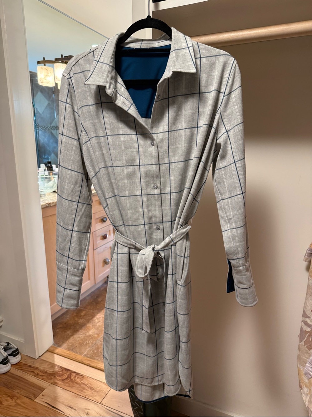 Kit and Ace Gray Windowpane Shirt Dress with Blue Accents